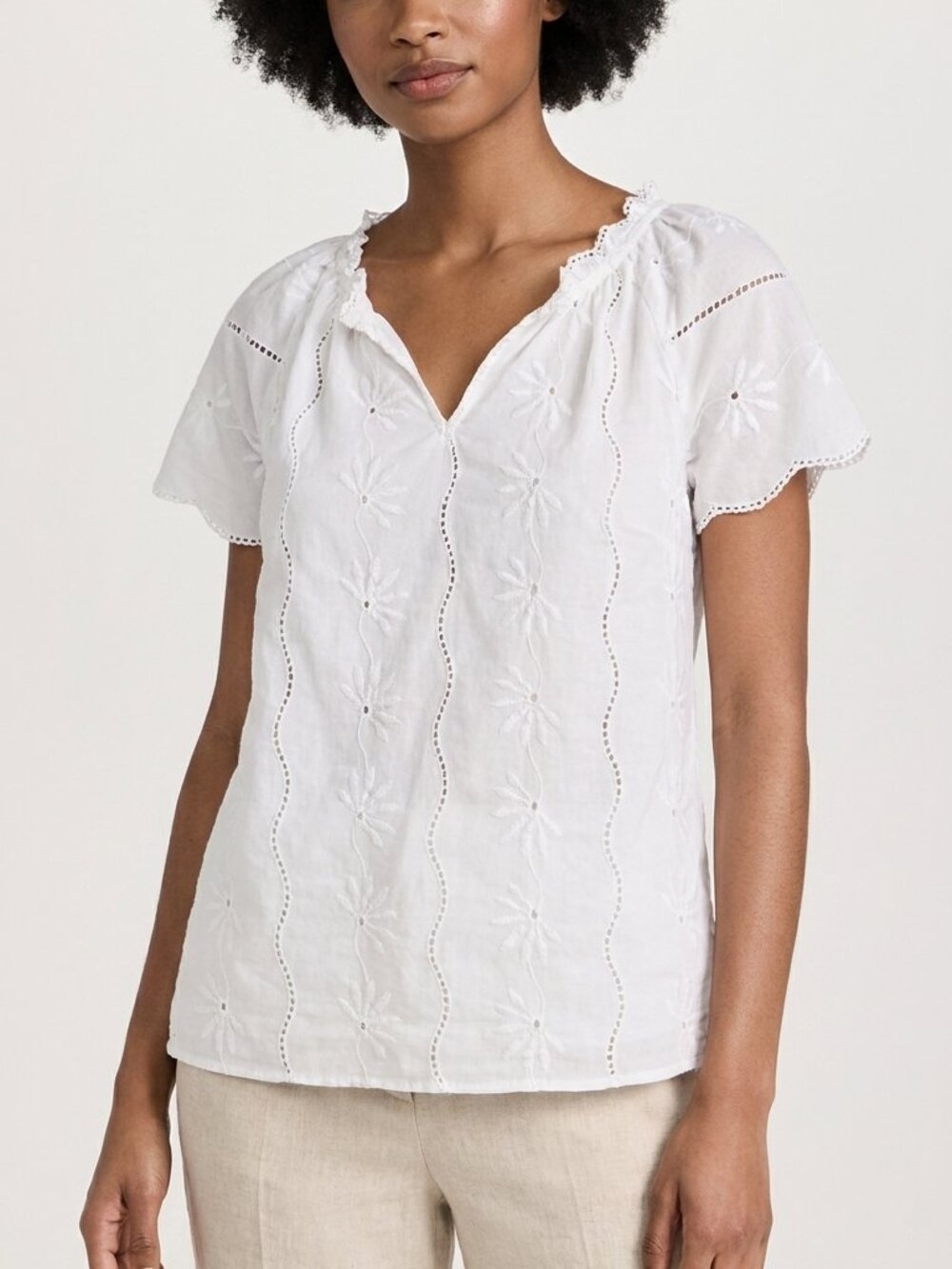 Talbots White Embroidered Floral Top Boho V-Neck Short Sleeve Blouse Sz M